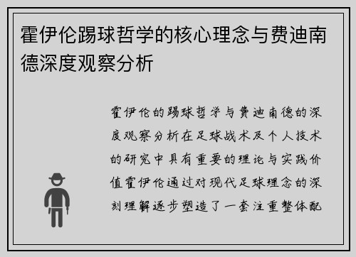 霍伊伦踢球哲学的核心理念与费迪南德深度观察分析