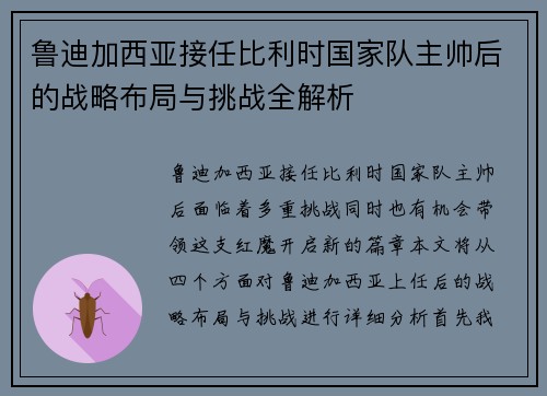 鲁迪加西亚接任比利时国家队主帅后的战略布局与挑战全解析 鲁迪加西亚接任比利时国家队主帅后的战略布局与挑战全解析